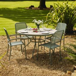 Bergen Garden Round Dining Set - 4 Seater - 150cm - Green Metal - 4 Stacking Armchairs - thumbnail 1