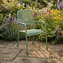 Bergen Garden Round Dining Set - 4 Seater - 150cm - Green Metal - 4 Stacking Armchairs - thumbnail 3