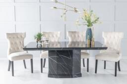 Naples Marble Dining Table Set, Rectangular Black Top and Pedestal Base with Courtney Champagne Fabric Chairs