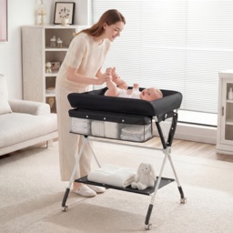 Diaper Changing Station with 3 Position Adjustable Level and 4 Universal Wheels-Black - thumbnail 2