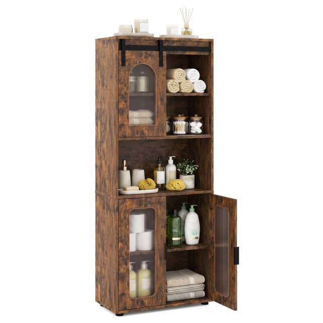 Bathroom Floor Cabinet with Shelves and Sliding Barn Door-Rustic Brown - image 1