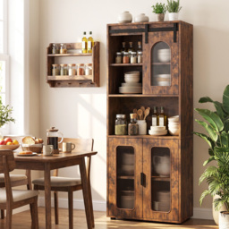 Bathroom Floor Cabinet with Shelves and Sliding Barn Door-Rustic Brown - thumbnail 3