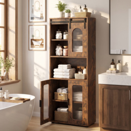 Bathroom Floor Cabinet with Shelves and Sliding Barn Door-Rustic Brown - thumbnail 2
