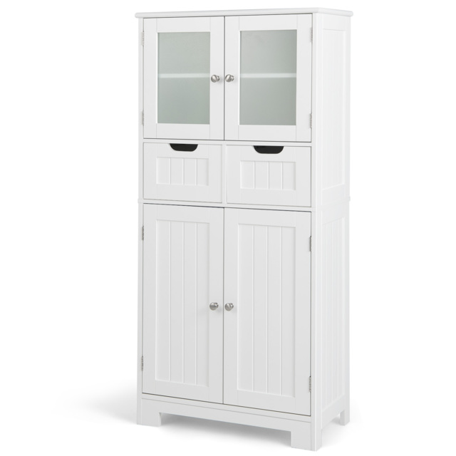 Floor Storage Cabinet with 2 Glass Doors, 2 Drawers and Adjustable Shelves-White - image 1