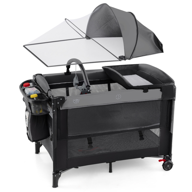 Foldable Pack and Play with 5 Adjustable Heights and Changing Table-Dark Black - image 1