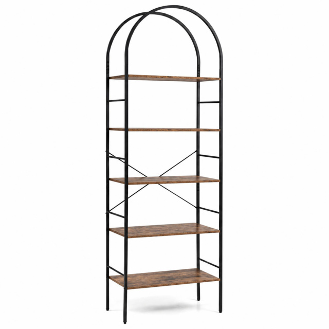 5-Tier Arched Bookcase with Open Wooden Shelves with Metal Frame-Rusticbrown - image 1