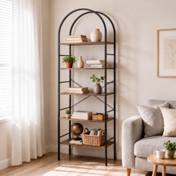 5-Tier Arched Bookcase with Open Wooden Shelves with Metal Frame-Rusticbrown - thumbnail 2