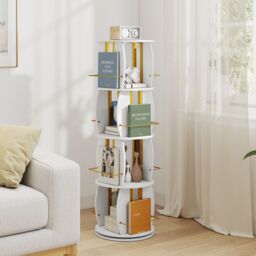 2-Tier Rotating Bookshelf Space-Saving with 4 Safety Guard Rails and Metal Storage Stand-White - thumbnail 2