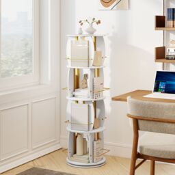 2-Tier Rotating Bookshelf Space-Saving with 4 Safety Guard Rails and Metal Storage Stand-White - thumbnail 3