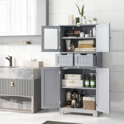 Floor Storage Cabinet with 2 Glass Doors, 2 Drawers and Adjustable Shelves-Grey - thumbnail 3