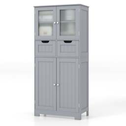 Floor Storage Cabinet with 2 Glass Doors, 2 Drawers and Adjustable Shelves-Grey - thumbnail 1