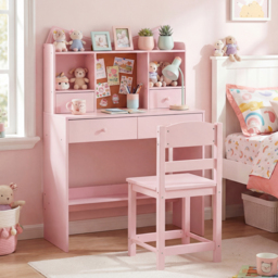 Kids Study Desk and Chair Set with Open Shelves and Cork Bulletin Board-Pink - thumbnail 2