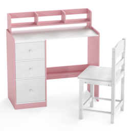 Kids Study Desk and Chair Set Wooden Children Writing Desk with Hutch-Pink - thumbnail 1