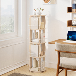 2-Tier Rotating Bookshelf Space-Saving with 4 Safety Guard Rails and Metal Storage Stand-Natural - thumbnail 3