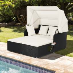 Patio Rattan Daybed with Retractable Canopy and Side Trays and Cushions-White - thumbnail 2
