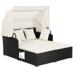 Patio Rattan Daybed with Retractable Canopy and Side Trays and Cushions-White - thumbnail 1