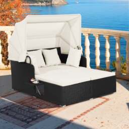 Patio Rattan Daybed with Retractable Canopy and Side Trays and Cushions-White - thumbnail 3