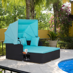 Garden Rattan Daybed with Retractable Canopy and Cushions-Turquoise - thumbnail 2