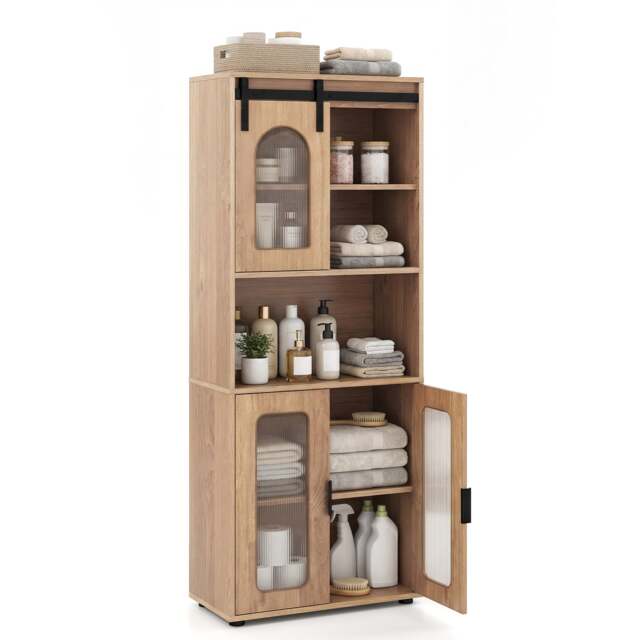Bathroom Floor Cabinet with Shelves and Sliding Barn Door-Natural - image 1