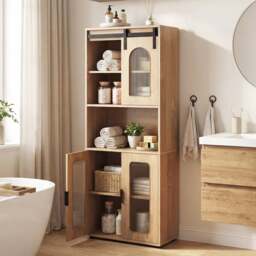 Bathroom Floor Cabinet with Shelves and Sliding Barn Door-Natural - thumbnail 2