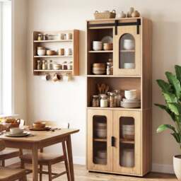 Bathroom Floor Cabinet with Shelves and Sliding Barn Door-Natural - thumbnail 3