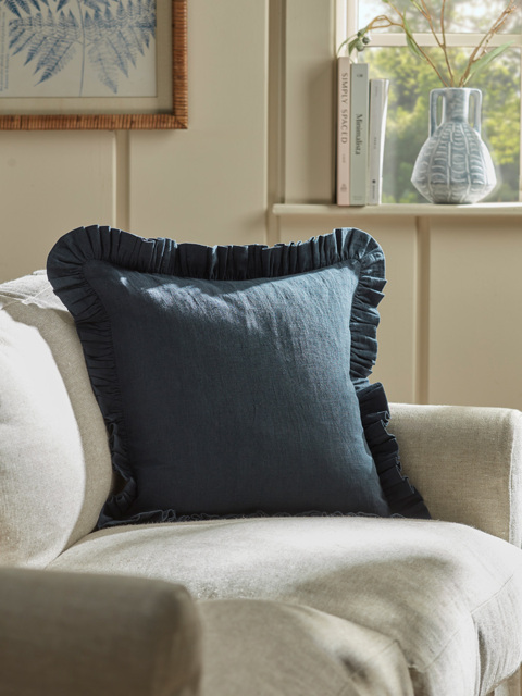 Ruffle Cotton Linen Square Cushion Cover - Steel Blue - image 1