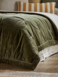 Pintucked Velvet & Cotton Linen Kingsize Quilt - Moss Green - thumbnail 2