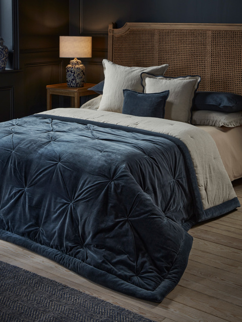 Pintucked Velvet & Cotton Linen Kingsize Quilt - Steel Blue - image 1