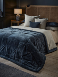 Pintucked Velvet & Cotton Linen Kingsize Quilt - Steel Blue - thumbnail 1