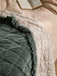 Ruffle Quilted Velvet Bedspread - Nordic Blue - thumbnail 4