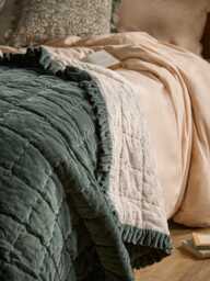Ruffle Quilted Velvet Bedspread - Nordic Blue - thumbnail 2