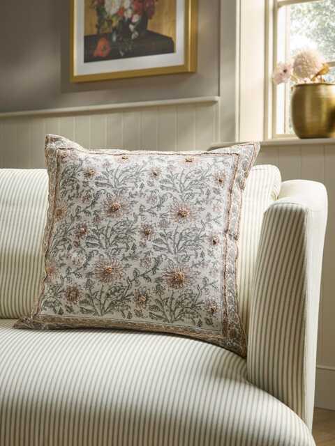 Embroidered Hand Block Printed Cushion Cover - Large - image 1