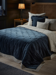 Reversible Velvet & Cotton Linen Kingsize Quilt - Steel Blue
