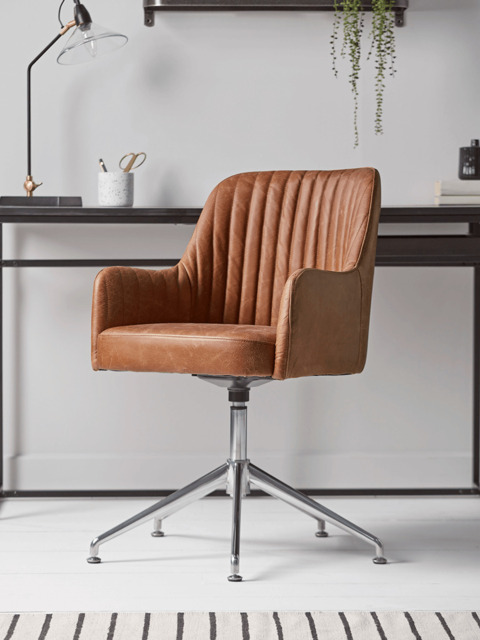 Fluted Leather Swivel Chair - Tan - image 1