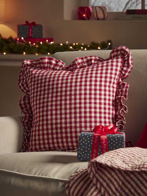 Gingham Ruffle Square Cushion - Red - image 1