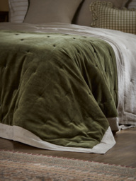 Reversible Velvet & Cotton Linen Kingsize Quilt - Moss Green - thumbnail 2
