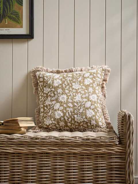 Fringed Block Print Cushion - Burnt Honey - image 1