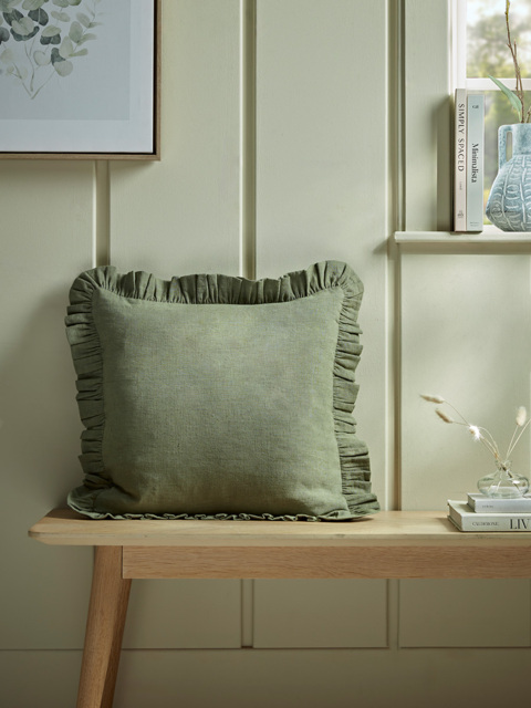 Ruffle Cotton Linen Square Cushion Cover - Fern Green - image 1