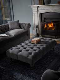 Buttoned Coffee Table Ottoman - Soft Grey Opulent Cotton Velvet - thumbnail 1