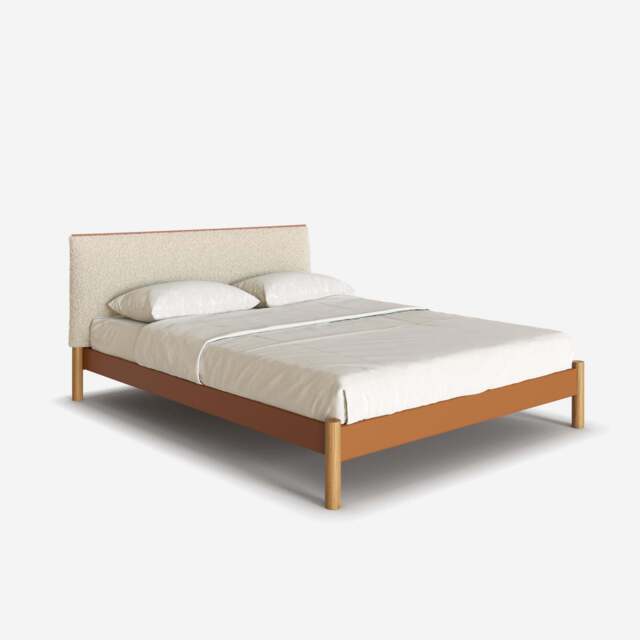 Cozy Bed - King - Tan Vegan Leather Frame - Cream Fleece Headboard - image 1