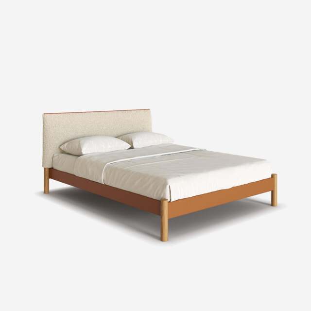 Cozy Bed - Double - Tan Vegan Leather Frame - Cream Fleece Headboard - image 1