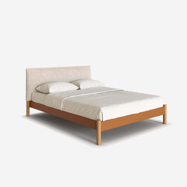 Cozy Bed - Double - Tan Vegan Leather Frame - Ecru Boucle Headboard - image 1