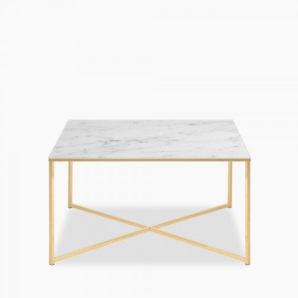 Alisma Square Coffee Table, White Marbled Glass & Brass