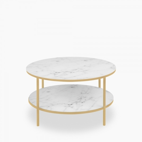 Alisma Round Coffee Table with Shelf, White Marbled Glass & Brass