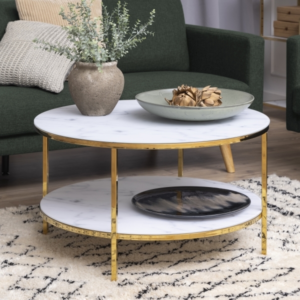 £30 Off Alisma Round Coffee Table with Shelf, White Marbled Glass & Brass