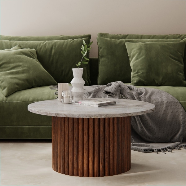 Medby Round Coffee Table, Dark Mango Wood & Grey Marble