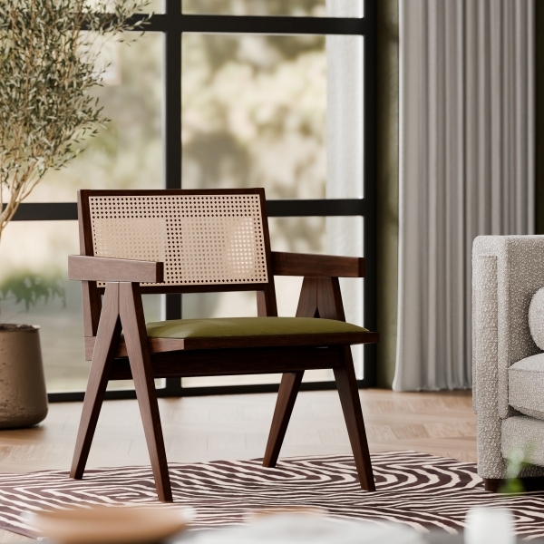 Cleo Wooden Accent Armchair, Olive Green Sustainable Velvet