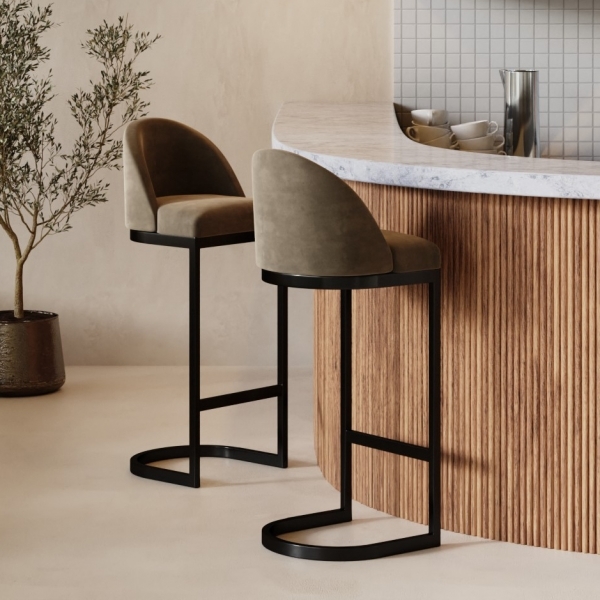 10 Off Matteo Bar Stool with Backrest, Taupe Sustainable Velvet