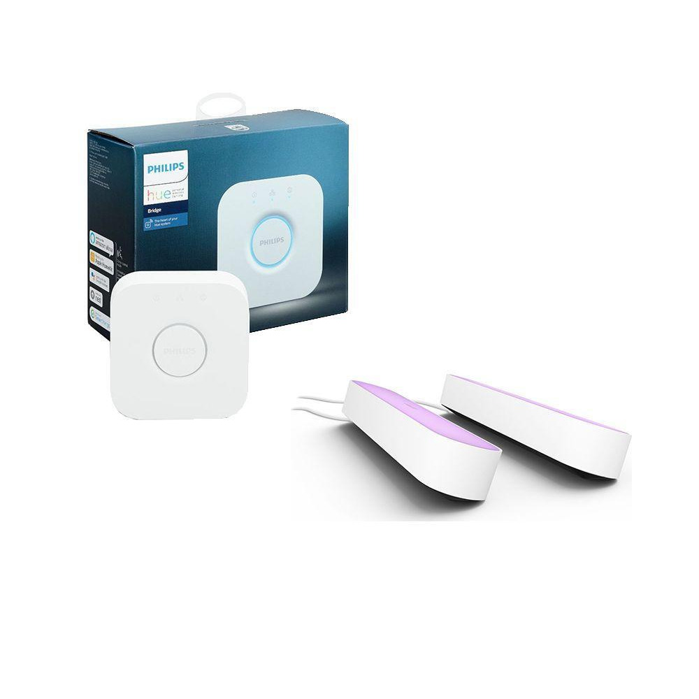 Philips Hue Hue Play White and Colour Smart LED Light Bar Twin Pack (White) & Bridge Smart Lighting Hub Bundle