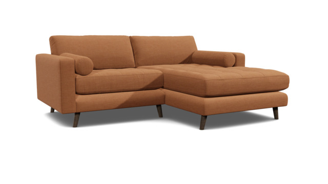 Orange Velvet Loveseat Sofa With Chaise - Modern Petit Custom Sofa In Stain Resistant Velvet - Shoreditch Range - image 1